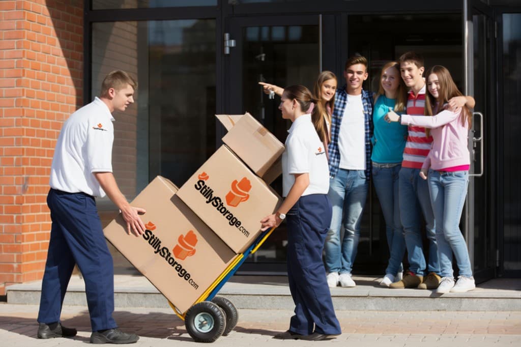 StillyStorage movers helping students with branded boxes—professional, friendly service